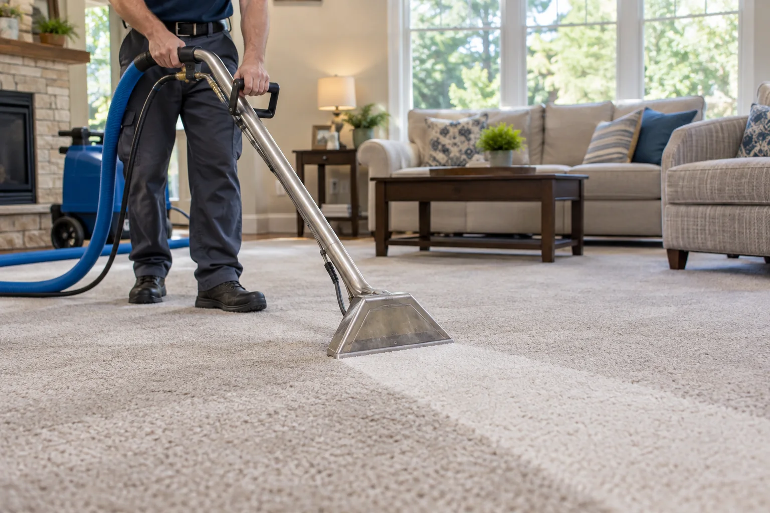 Technician cleaning residential carpet with a hot-water extraction wand